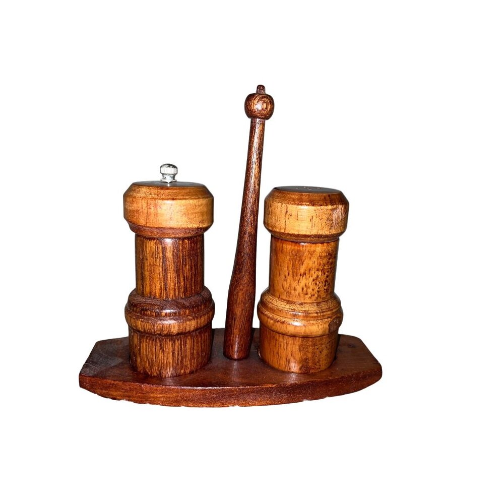 Vintage Wooden Salt Pepper Grinder Shakers w/ Stand Set Made in Taiwan Used